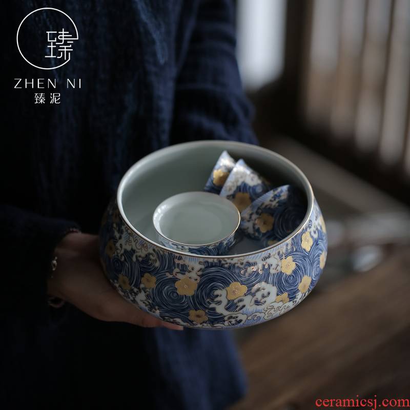 By mud jingdezhen colored enamel checking ceramic cup tea wash bowl for wash large blue water jar in hot bowl of tea accessories