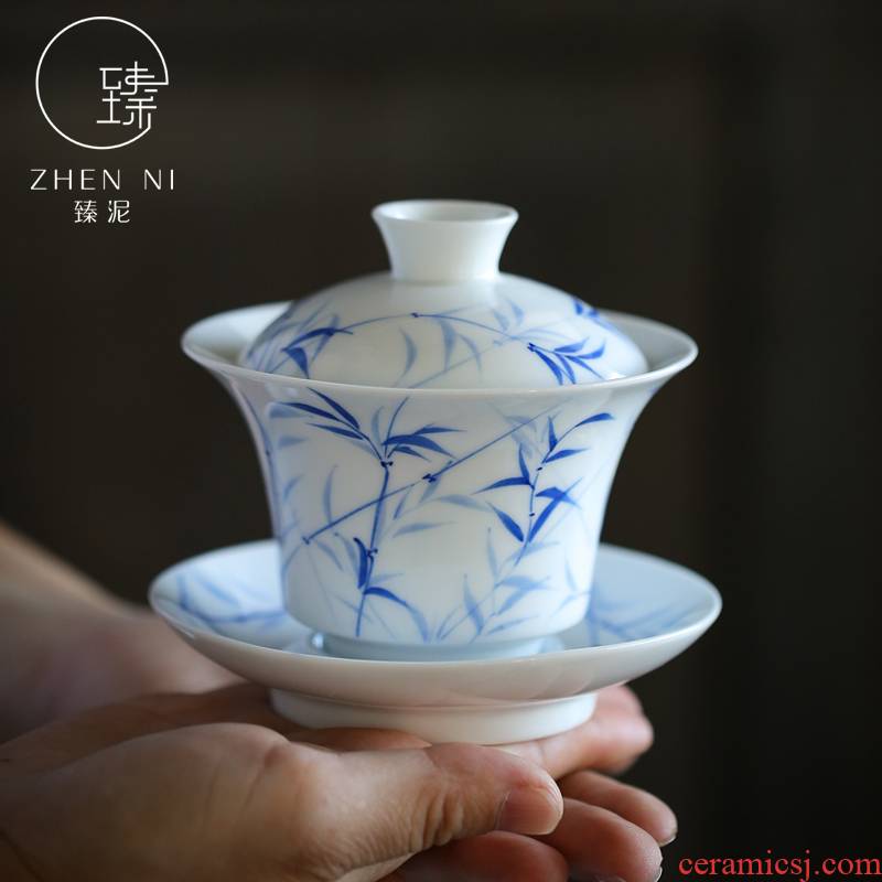 By mud hand - made tureen jingdezhen manual them thin body worship to use kung fu tea set three bowl of household make tea