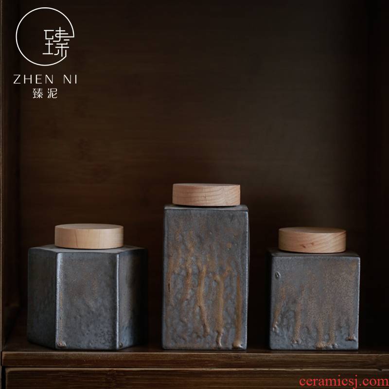 By Japanese retro caddy fixings manual fine gold mud rust glaze up wake tea pu - erh tea storage ceramic seal as cans