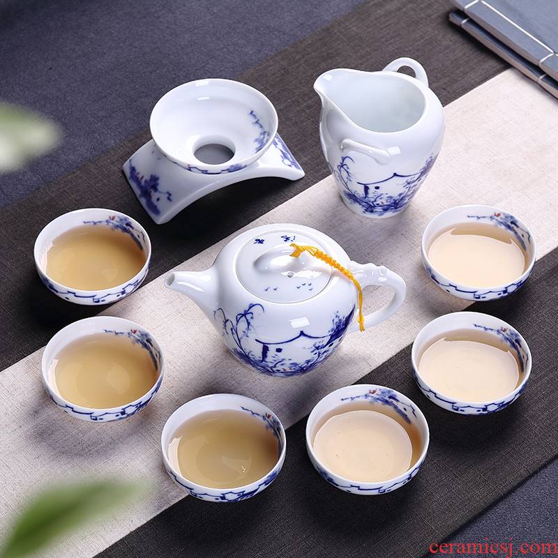 Ronkin kung fu tea set of blue and white porcelain of a complete set of household tureen hand - made ceramic teapot tea cups