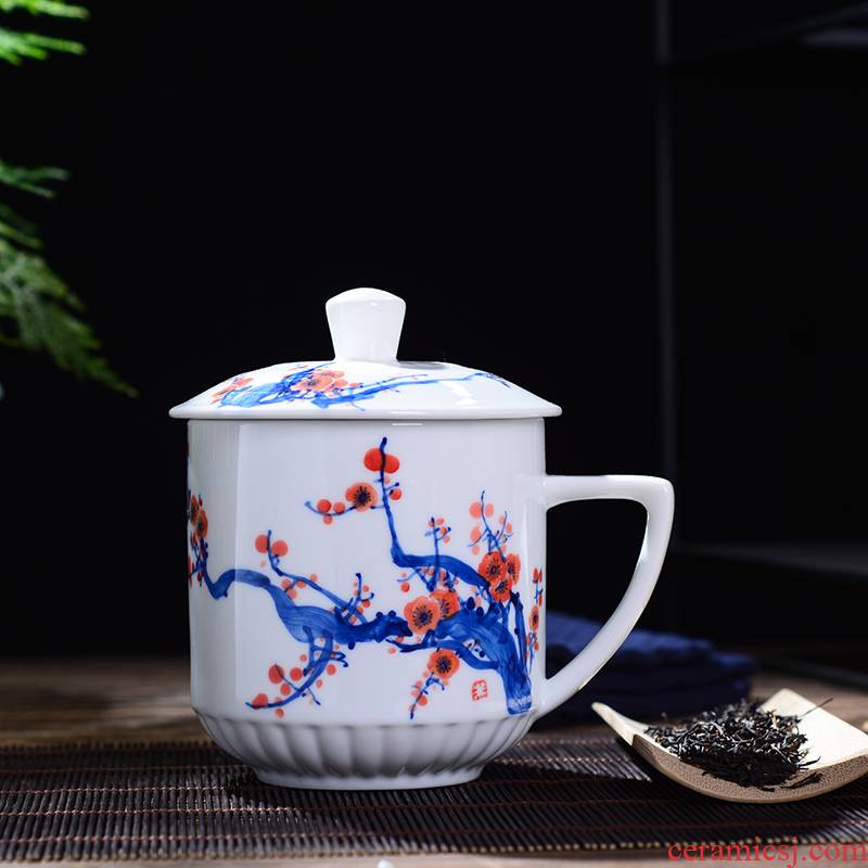 Jingdezhen ceramic cups with cover household glair office gift fuwa water cup blue and white tea tea cup
