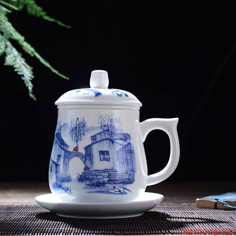 Jingdezhen ceramic cups with cover hand - made gifts) office of ink and water separation wind boss cup suit