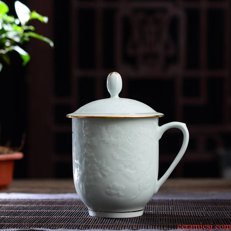 Jingdezhen ceramic cups with cover domestic cup shadow blue glaze glass office cup meeting gift cup lid cup