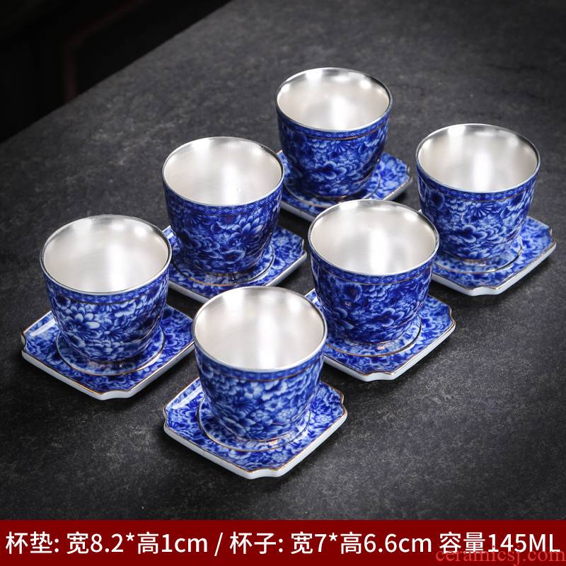 Jingdezhen ceramic cups large - capacity single CPU kung fu tea cup to use Japanese blue and white porcelain cup mat sample tea cup