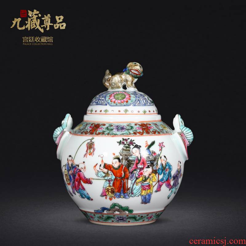 Jingdezhen ceramic vase hand - made enamel baby play figure archaize cover pot of Chinese style living room home furnishing articles