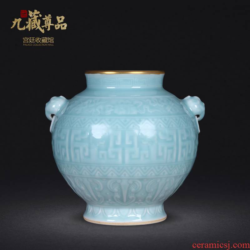 Jingdezhen porcelain antique carved blue glaze trace golden lion ear pot vase furnishing articles to decorate the sitting room of Chinese style arts and crafts