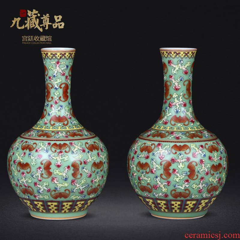 Jingdezhen ceramics antique hand - made pastel pea green glaze the bats grain bottle handicraft sitting room adornment penjing collection