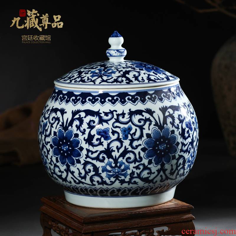Jingdezhen ceramics antique hand - made bound branch lines of blue and white porcelain tea pot cover furnishing articles storage tank decoration decoration