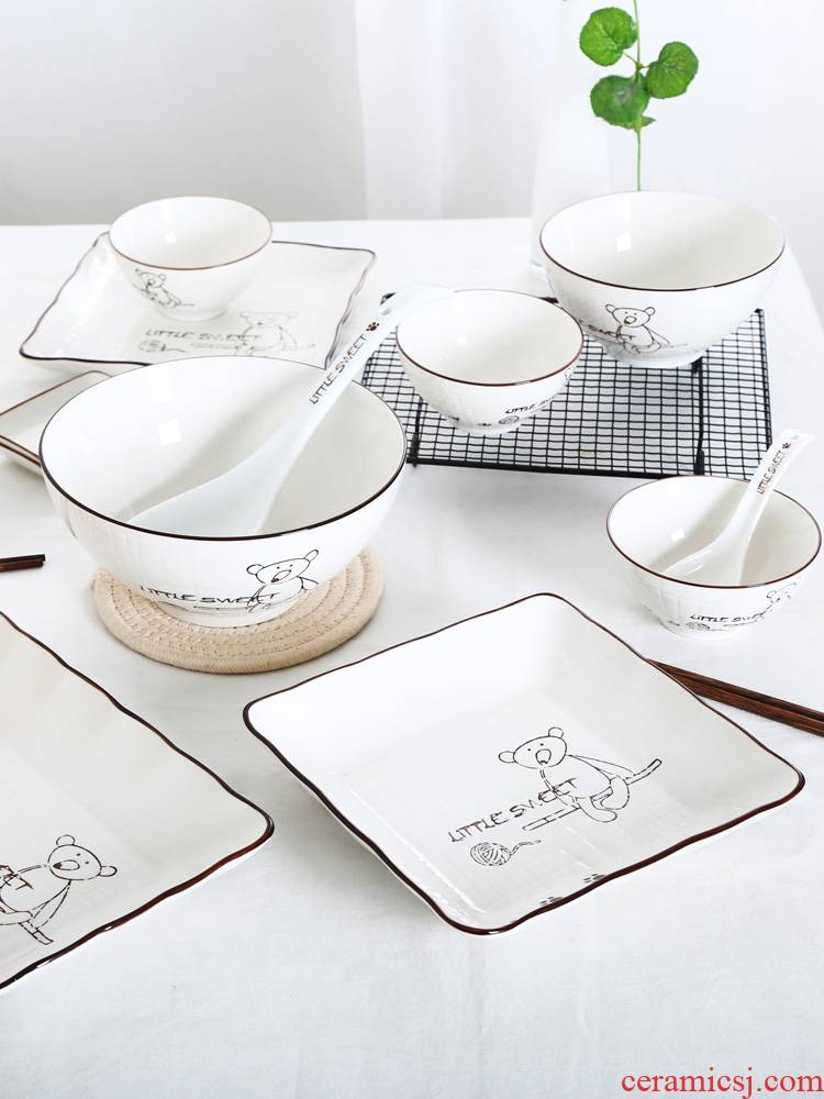 Shun auspicious ceramics miro bear European - style home four combination dishes suit creative eat bowl plate with a spoon