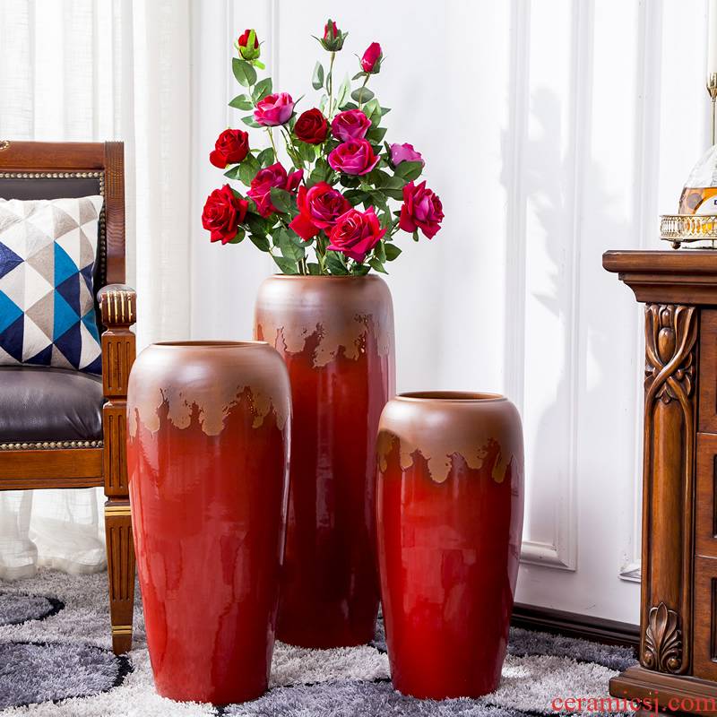 Jingdezhen ceramic floor furnishing articles red dried flowers big vase creative new Chinese style living room TV cabinet decoration decoration