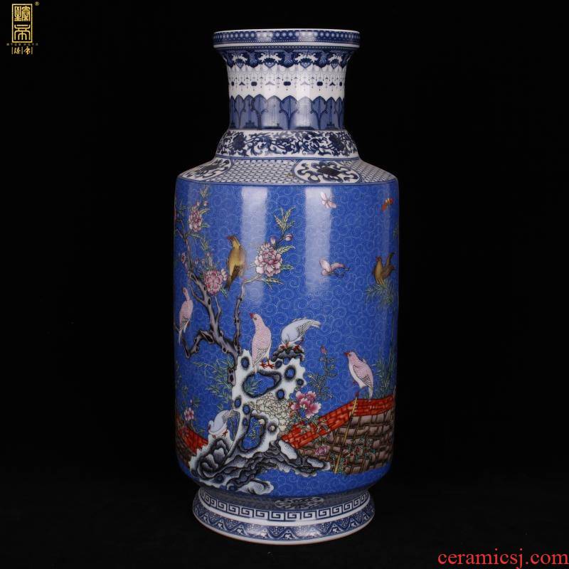 Jingdezhen imitation enamel qianlong years antique vase pastel blue birds and flowers were bottles of Chinese style household ground furnishing articles