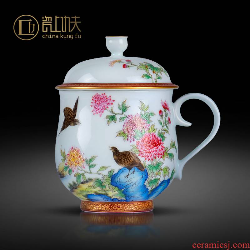 Ceramic colored enamel paint hand - made flowers and birds with cover tea cup tea service office cup home getting high - end gift cups