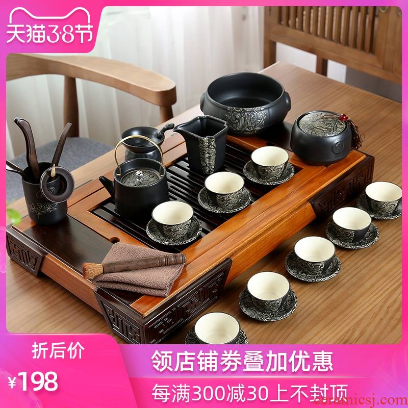Tea set household contracted and I sitting room office of a complete set of black ceramic teapot teacup Tea tray was kung fu Tea taking