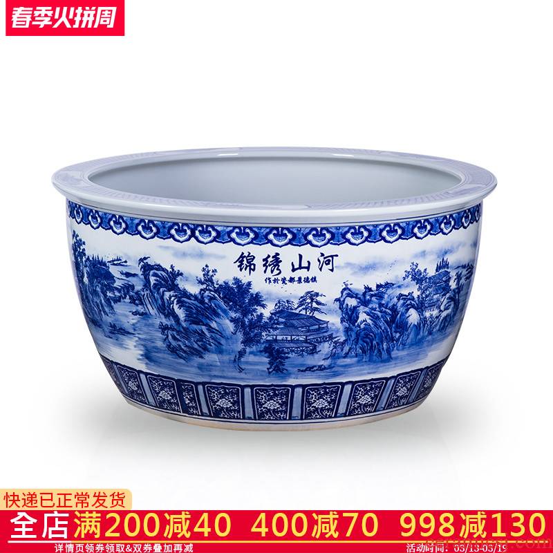 All hand - made large aquarium bath crock of blue and white porcelain of jingdezhen ceramics garden water lily tortoise cylinder lotus basin