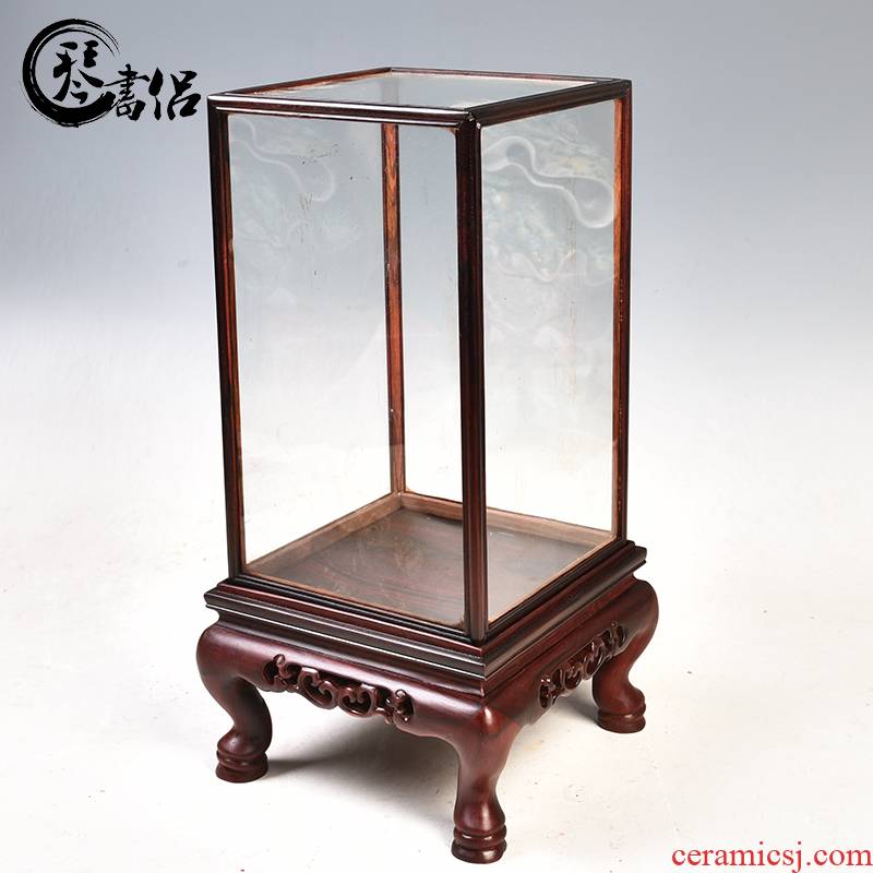 The glass dust cover red rosewood carving treasure cage type of solid wood antique mahogany base cover bag