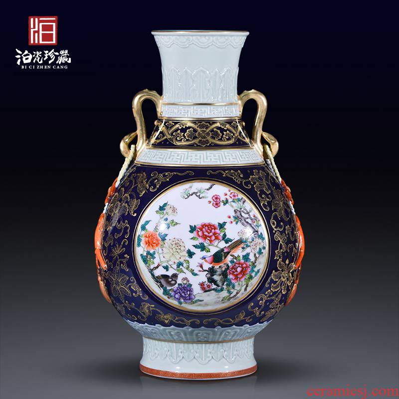 Jingdezhen ceramics high copy qianlong pastel ears okho spring vases, sitting room of the new Chinese style household adornment furnishing articles