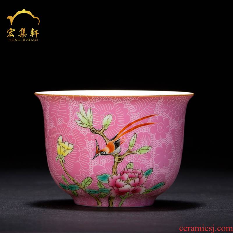 Jingdezhen ceramic kung fu tea set hand pick flowers paint powder enamel sample tea cup noggin master cup single CPU