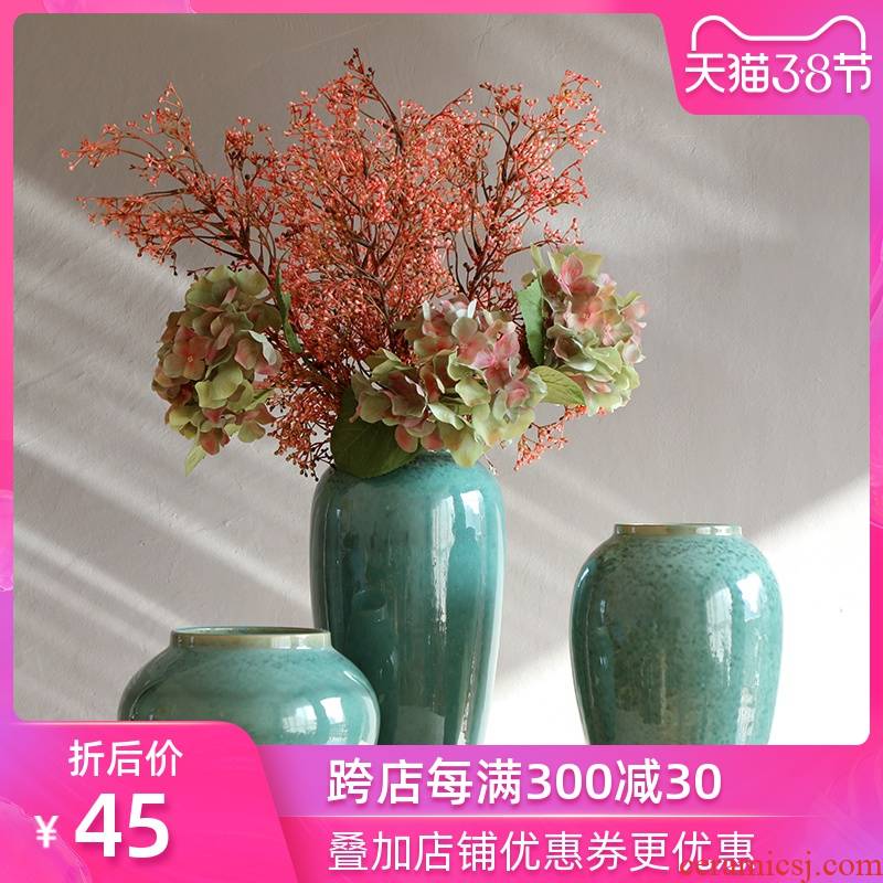Jingdezhen ceramic little sitting room of Chinese style decoration green vase furnishing articles retro clay coarse pottery hydroponic flowers vase