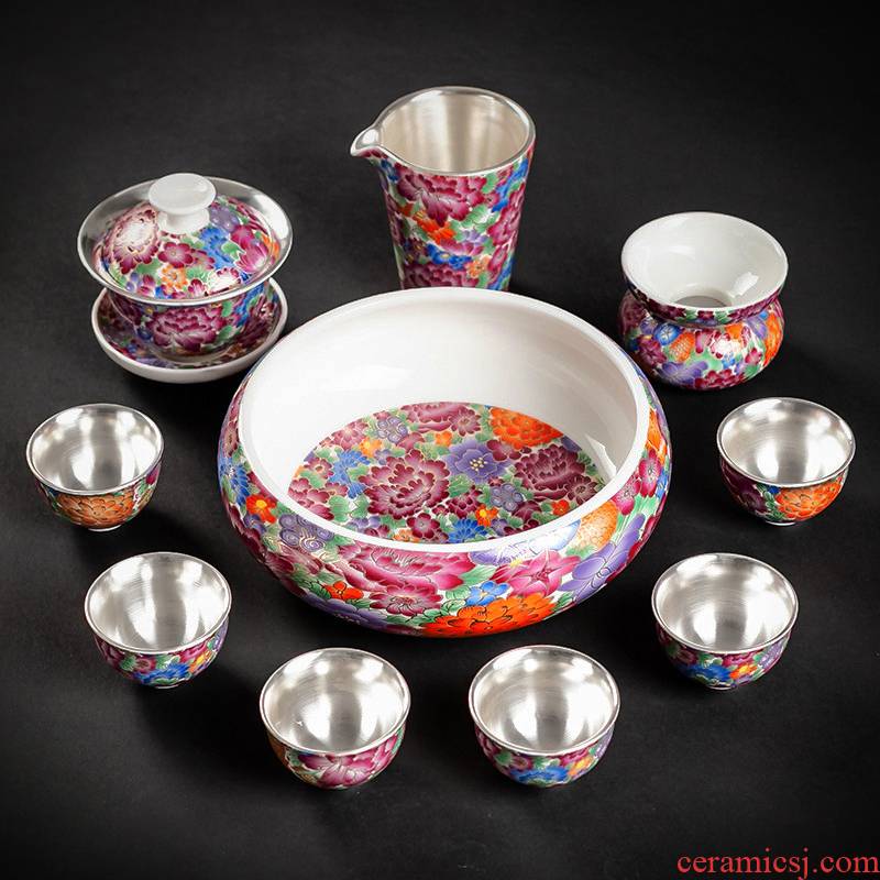 True sheng coppering. As silver tea set household kung fu tea ware colored enamel silver cup teapot ceramic gift boxes