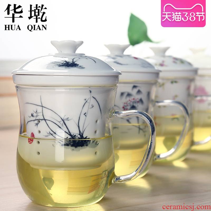 China Qian household heat resistant glass flower tea office cup with the cover ceramic filter creative couples and cups