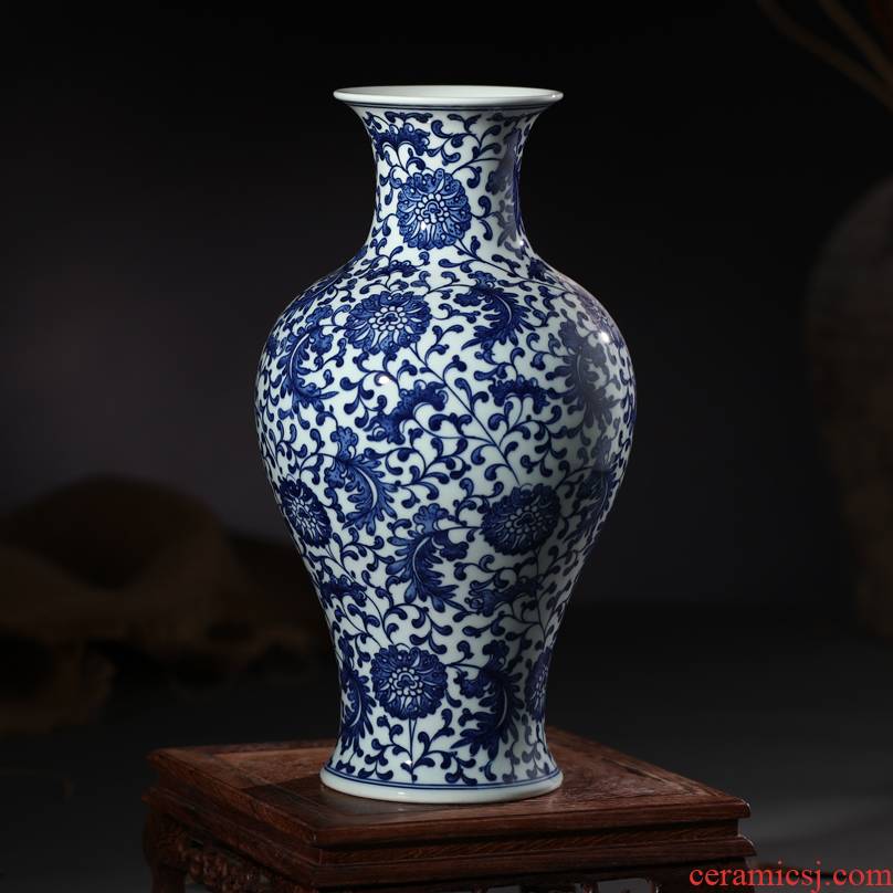 Jingdezhen ceramic blue and white porcelain vase furnishing articles antique hand - made bound branch lotus mesa of Chinese style living room decoration decoration