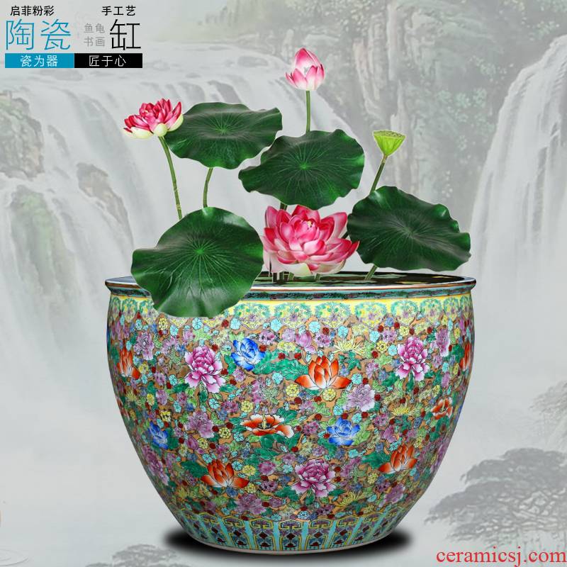 Jingdezhen ceramic cylinder tank water lily bowl lotus feng shui turtle painting and calligraphy calligraphy and painting scroll cylinder ceramics is increasing in furnishing articles