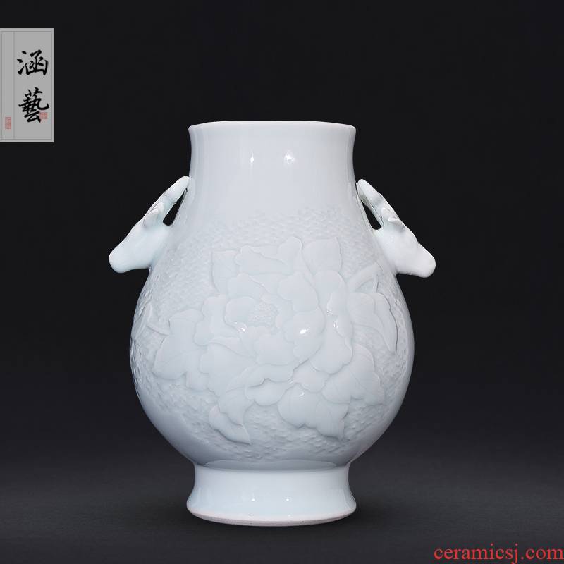 Jingdezhen ceramics celadon jade carving peony f tube of new Chinese style living room place flower decoration craft gift