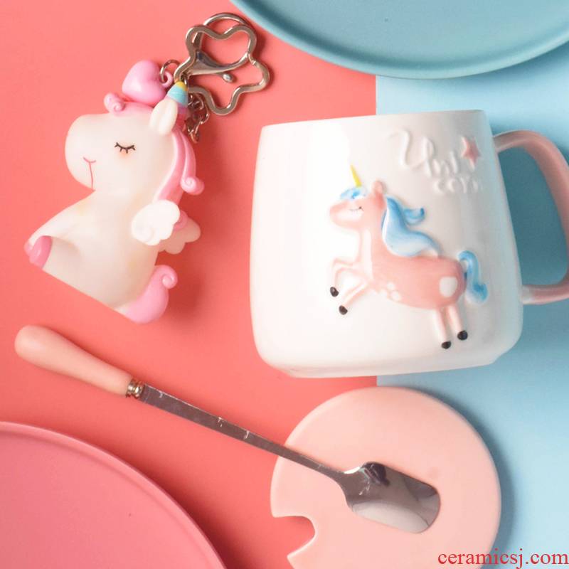 Cartoon mark cup with cover spoon express girl home office ceramic cup of milk for breakfast coffee cup water
