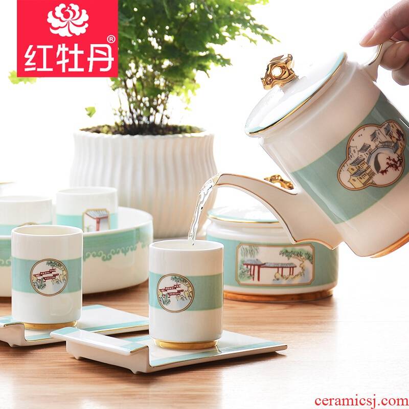 Red peony fuels the ipads porcelain kung fu tea sets combined with ceramic cups water kettle upscale gift box