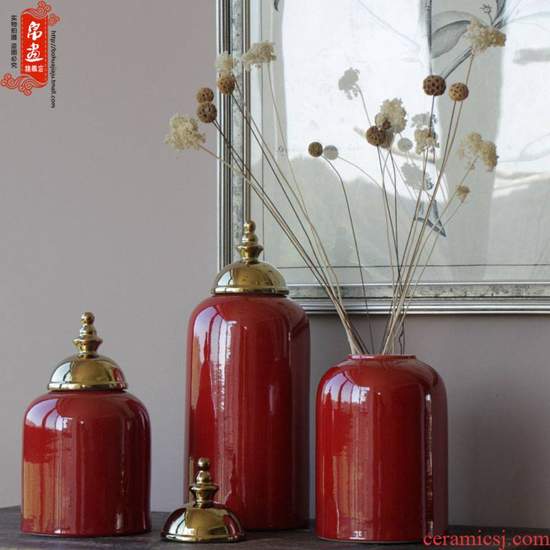 Jingdezhen ceramic vase furnishing articles gilded the lid tank bright red hand with classical household pure glaze decoration