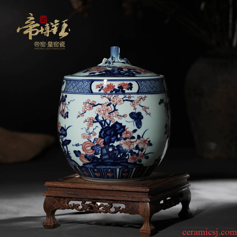 Jingdezhen ceramic storage tank lid tank high - grade hand - made porcelain youligong red flower butterfly caddy fixings ornament