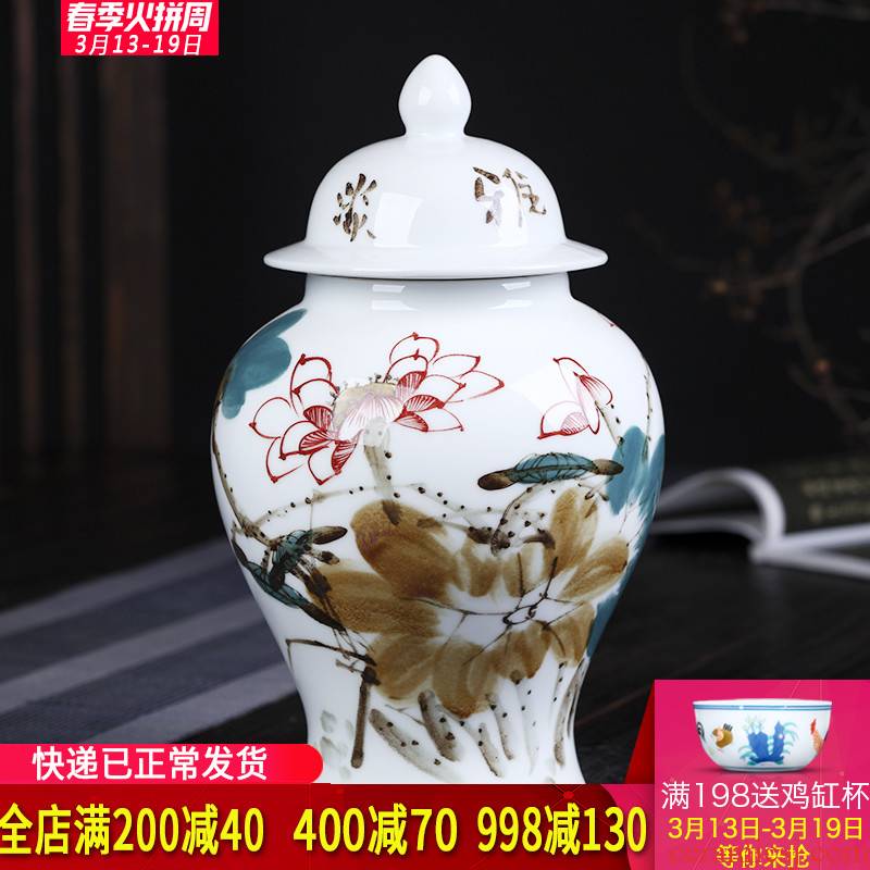Jingdezhen ceramics master hand draw freehand brushwork in traditional Chinese lotus the general pot of new Chinese style living room porch decoration furnishing articles