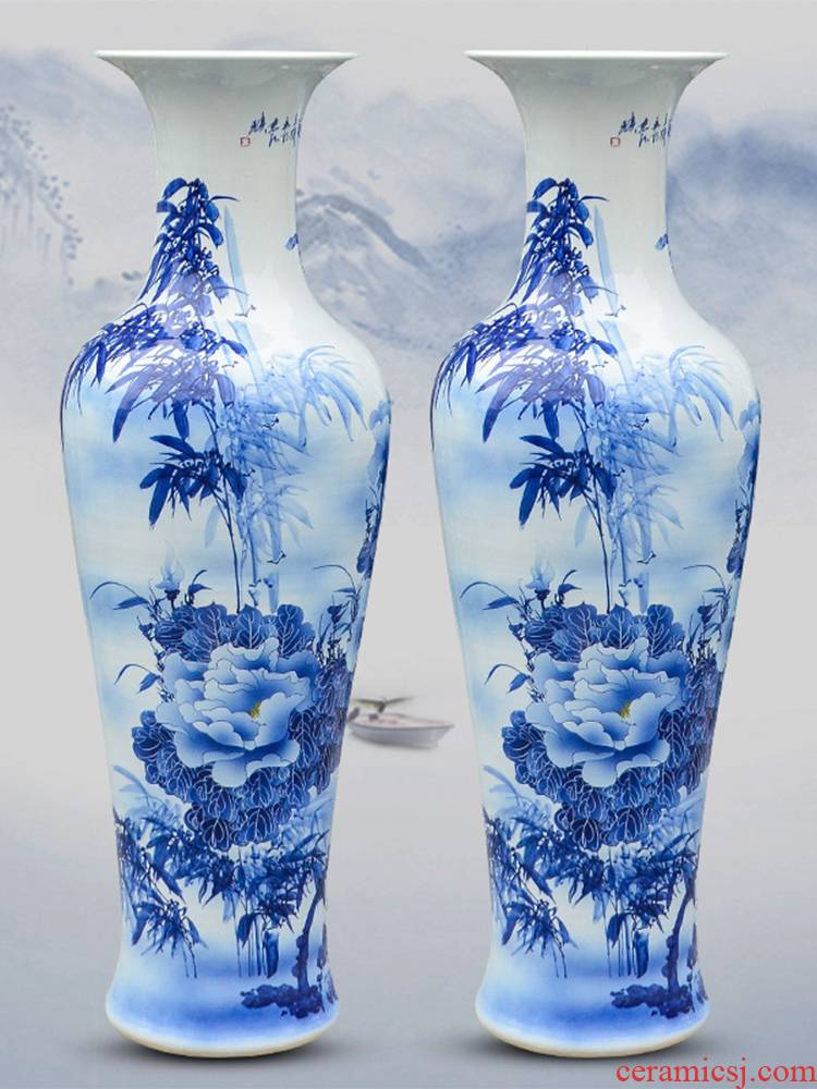 Jingdezhen ceramic hand - made large blue and white porcelain vase peony flower arranging furnishing articles 1.2 meters of extra large living room