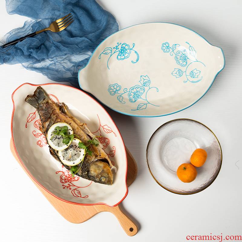 Ceramic fish dish household creative red oval ears fish dish can be heated steamed fish plate long snack plate tableware