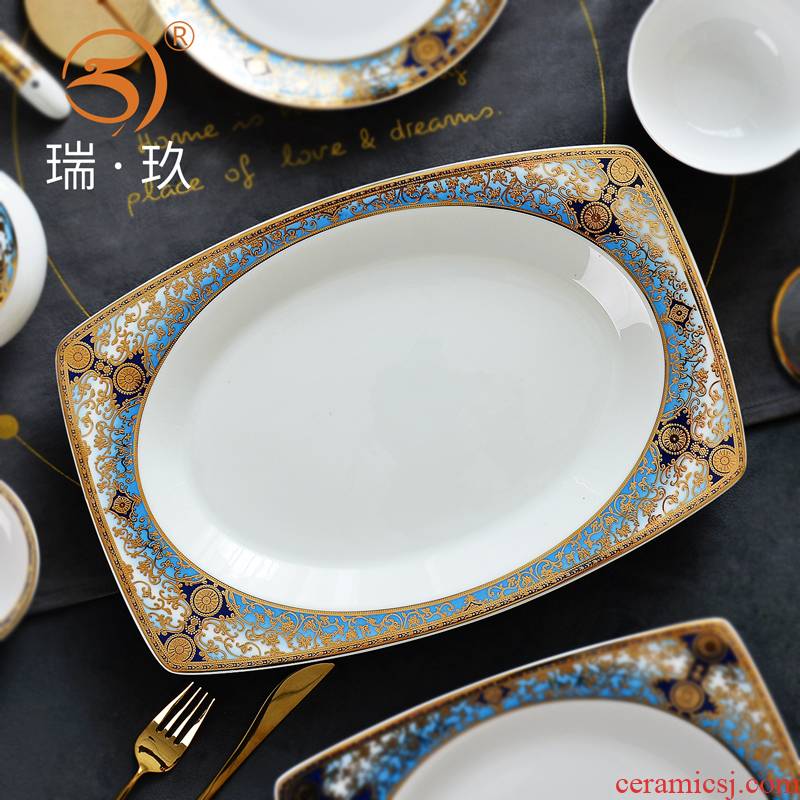 Exquisite relief gold fish ipads porcelain plate rectangular up phnom penh ceramic plate big fish, the fish ceramic disc plate