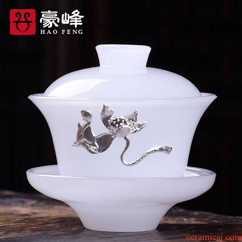 HaoFeng white porcelain tea tureen single three cups to implement jade porcelain tea sets tea accessories gift boxes finger bowl