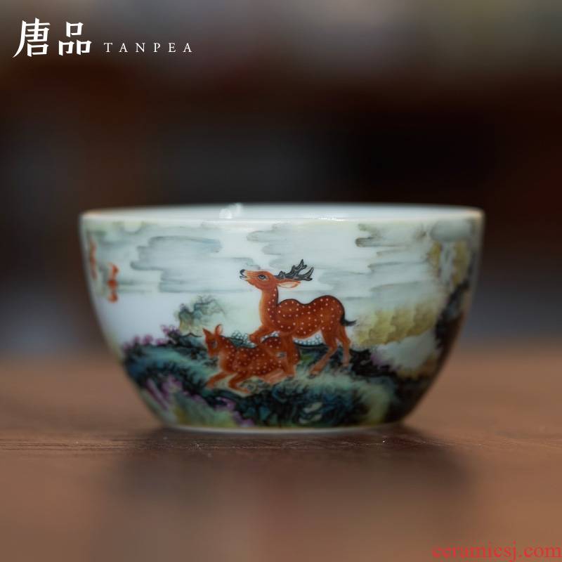 Kung fu tea set all hand pastel ferro, auspicious sika deer landscape master individual cup of archaize of jingdezhen porcelain cups