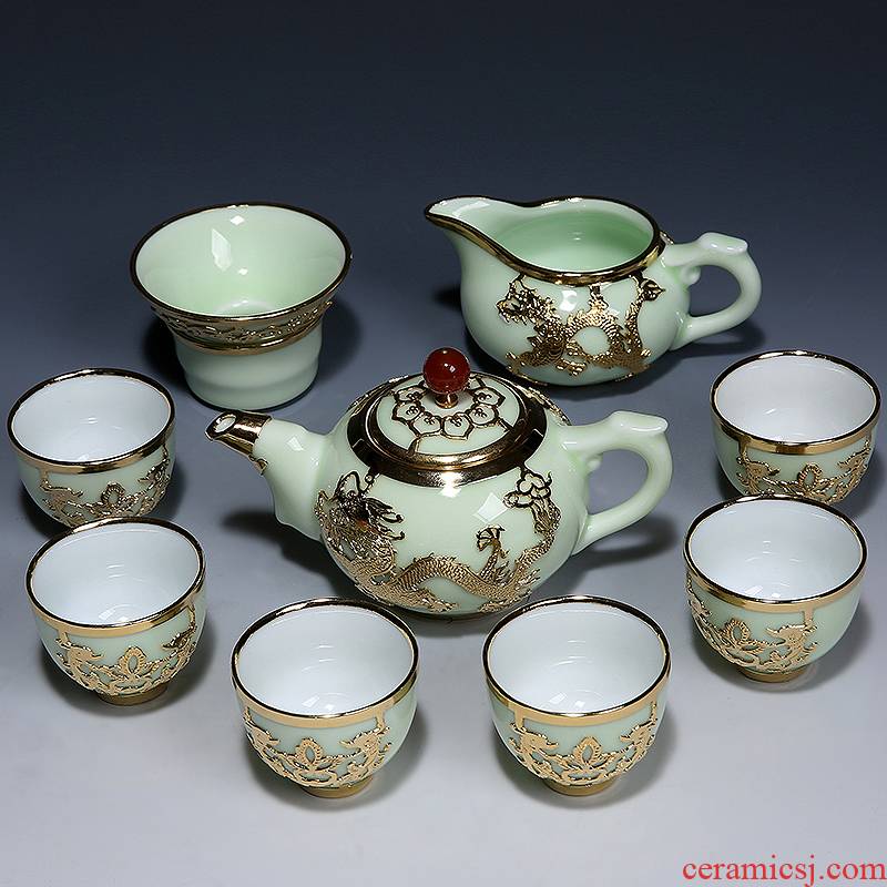 Manual an inset jades tea set suit household temmoku kung fu tea set gift ceramic lid bowl of a complete set of tea cups