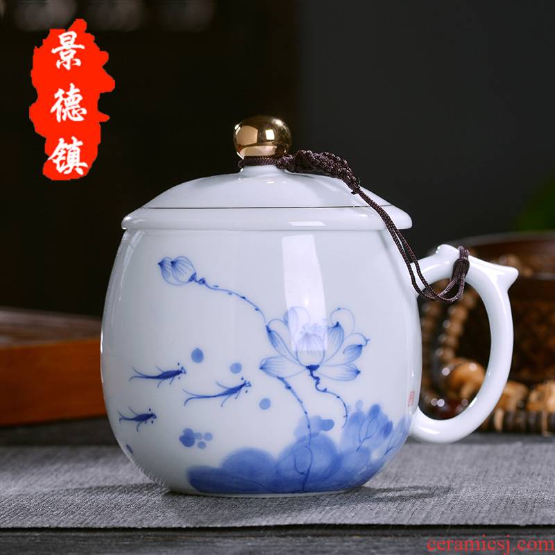 Office of jingdezhen blue and white porcelain cup with cover hand - made ceramic cup household glass large capacity make tea cup gift cup