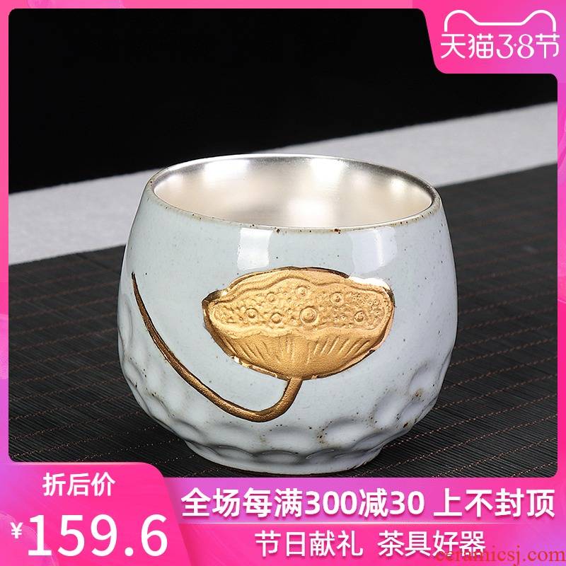 Silver cup Silver 999 ceramic coarse pottery Japanese household custom retro kung fu master sample tea cup cup single CPU