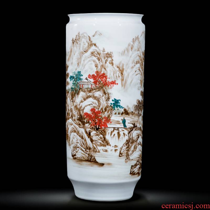 Jingdezhen ceramics celebrity hand - made the master of landscape painting large cylinder vase home sitting room office furnishing articles