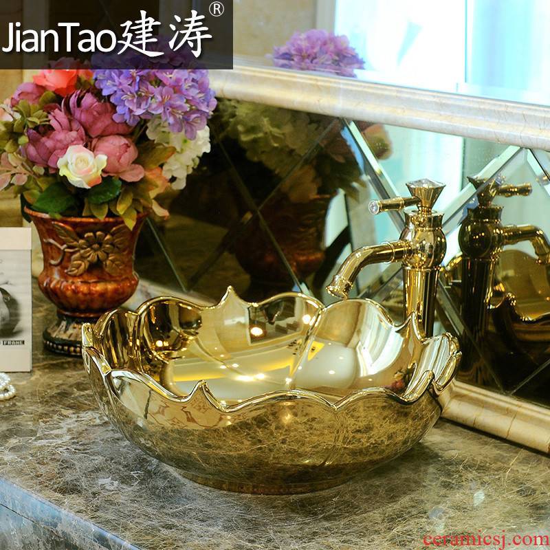 Wash basin stage basin sink and petal shaped ceramic water basin, art basin golden lotus