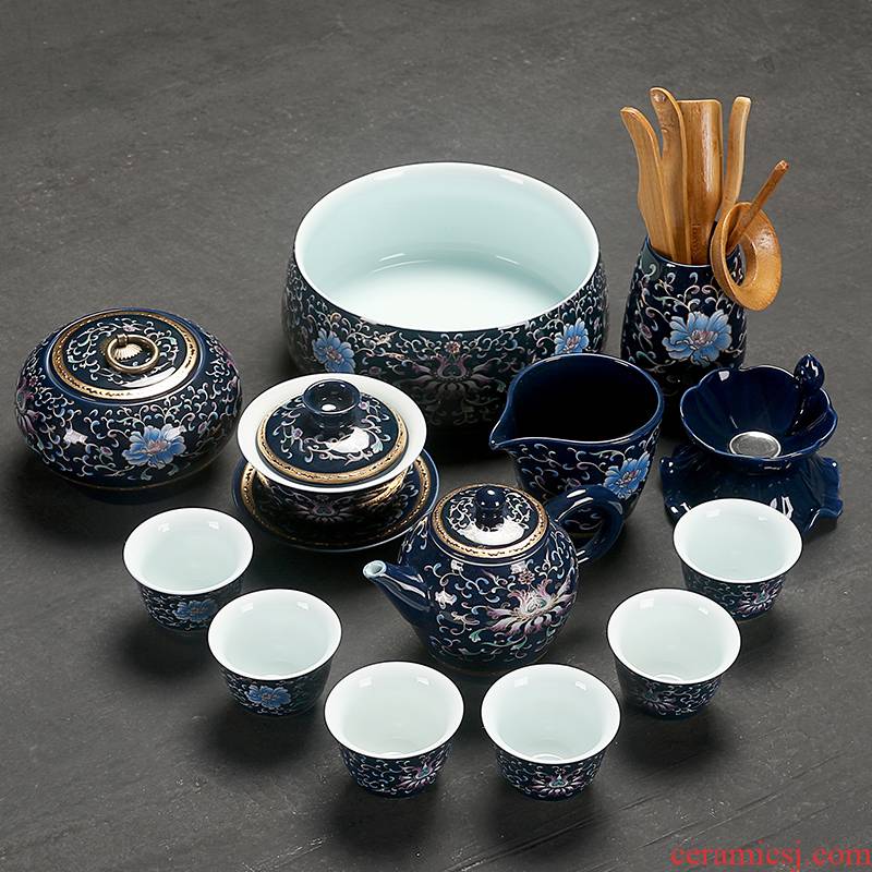 Really sheng ji blue glaze ceramic tureen tea set of a complete set of kung fu tea cups little POTS dry terms plate of household