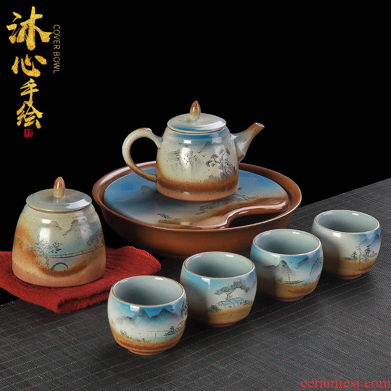 Jingdezhen hand - made coarse ceramic tea set suit Japanese checking household kung fu tea set dry terms plate of the teapot teacup