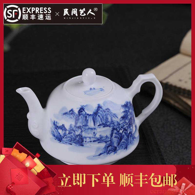 Blue and white porcelain of jingdezhen ceramics hand - made kung fu tea set large teapot tea ware single pot teapot household kettle