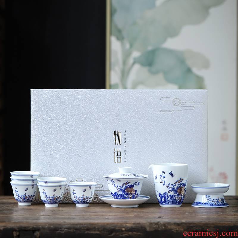 In building kung fu tea set of blue and white porcelain ceramic Japanese household contracted tea teapot teacup gift box