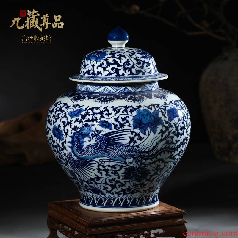 Jingdezhen ceramic vases, antique hand - made longfeng general put lotus flower pot cover of blue and white porcelain porcelain flowers, furnishing articles