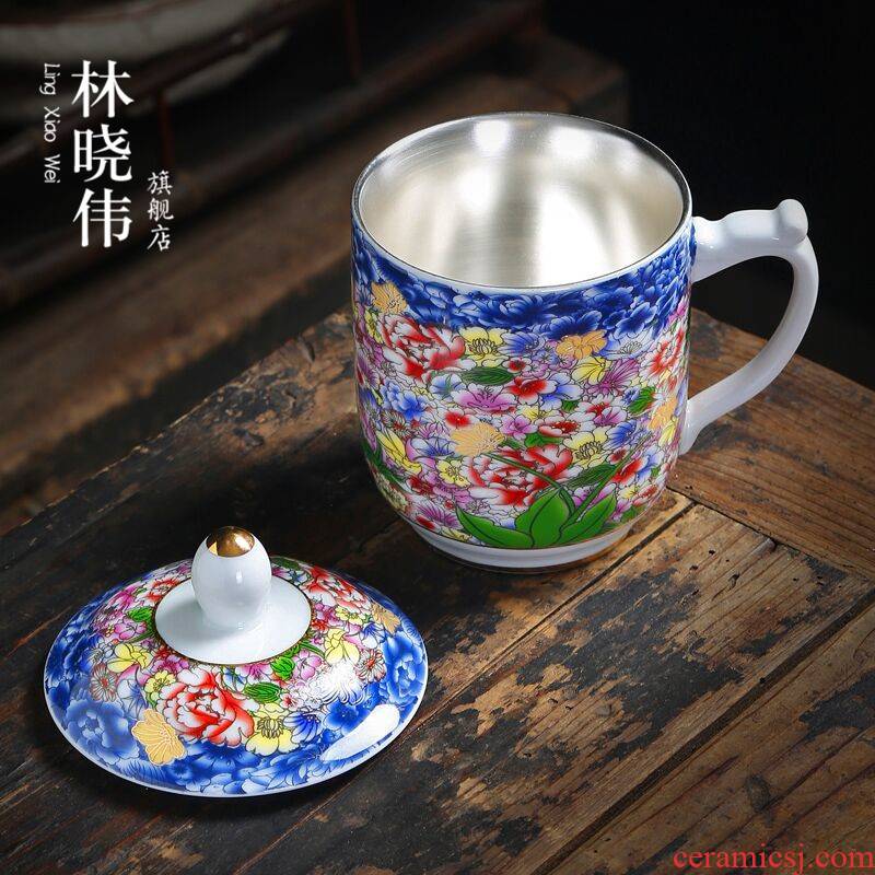 Jingdezhen colored enamel silver cup single glass ceramic coppering. As silver sample tea cup office of blue and white porcelain cup home