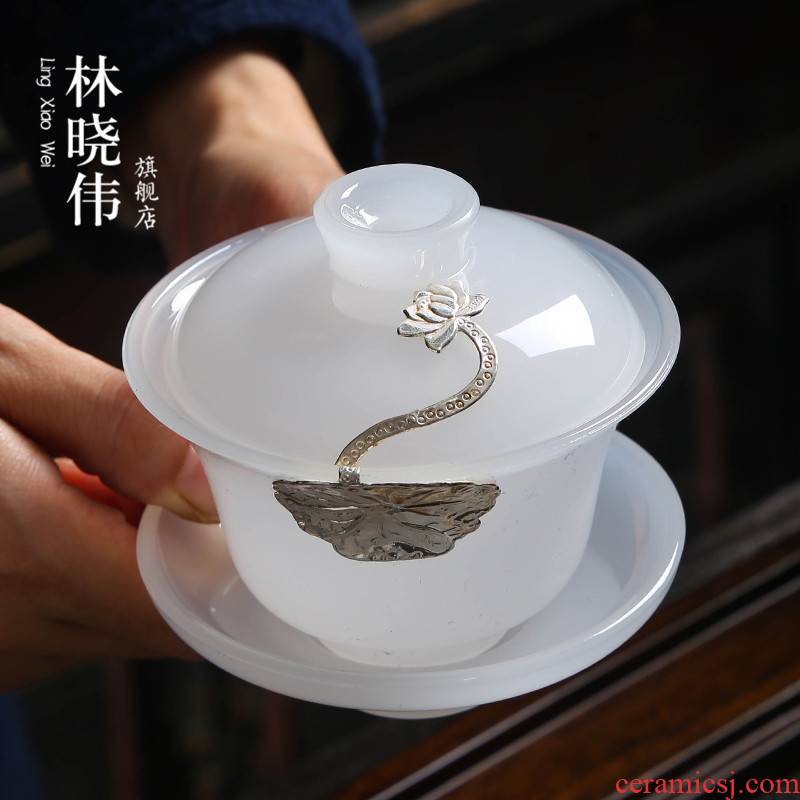 Lin Xiaowei silver inlaid with jade porcelain tureen only three big bowl tea saucer fat white ceramic glass colored glaze kung fu tea set