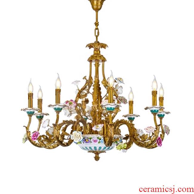French full copper chandelier European - style key-2 luxury bedroom sitting room, dining - room lamp pure copper ceramic flower princess romantic villa, lamps and lanterns